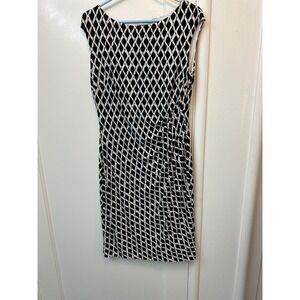 Lauren Ralph Lauren Black White Geometric Ruched Sheath Dress Size 10 Sleeveless